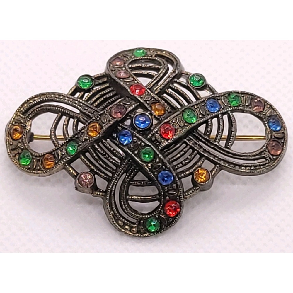 Vintage Style Gunmetal Multicolor Rhinestone Celtic Knot Brooch Pin 49mm